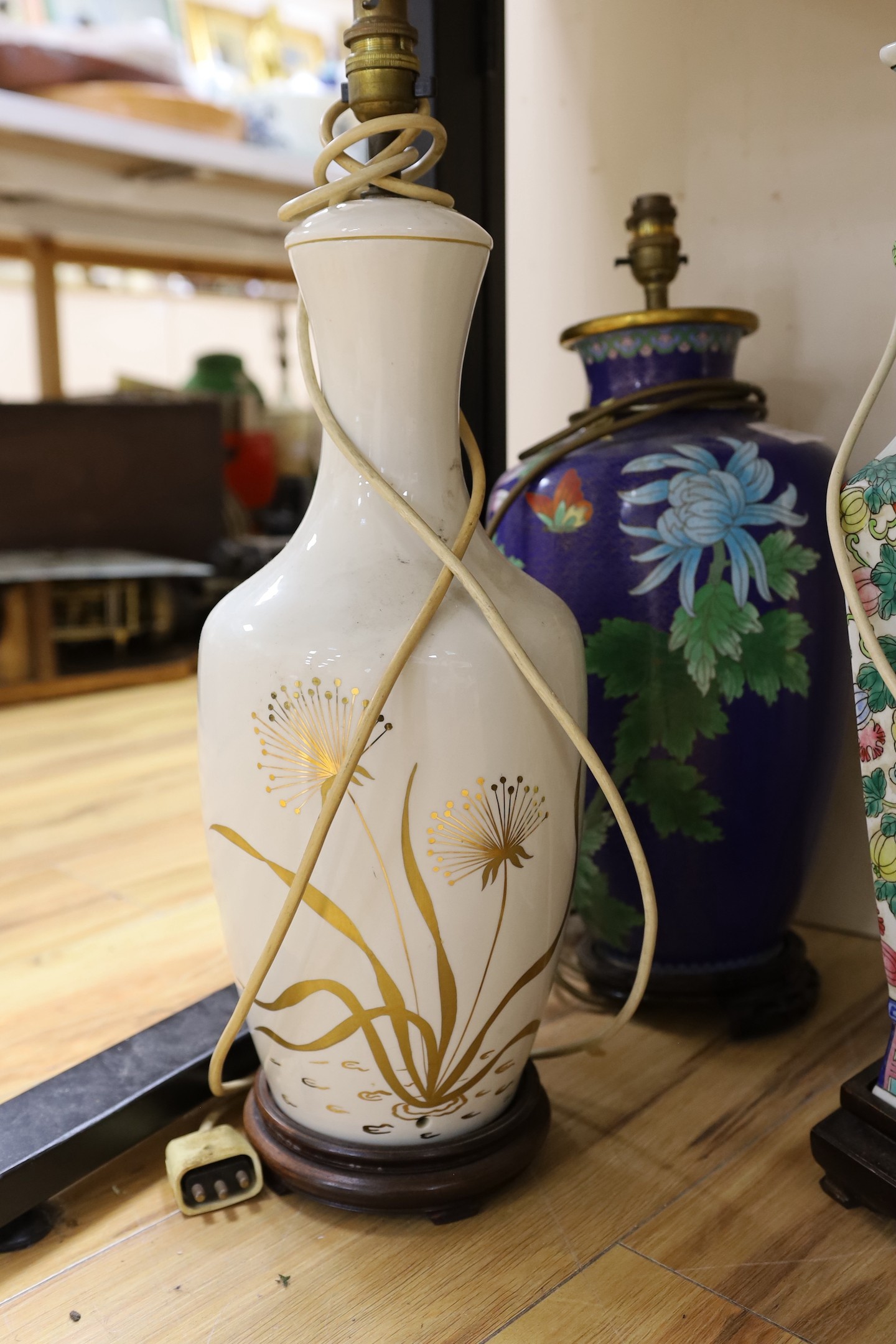 A large Chinese cloisonné enamel table lamp and two other table lamps (3)